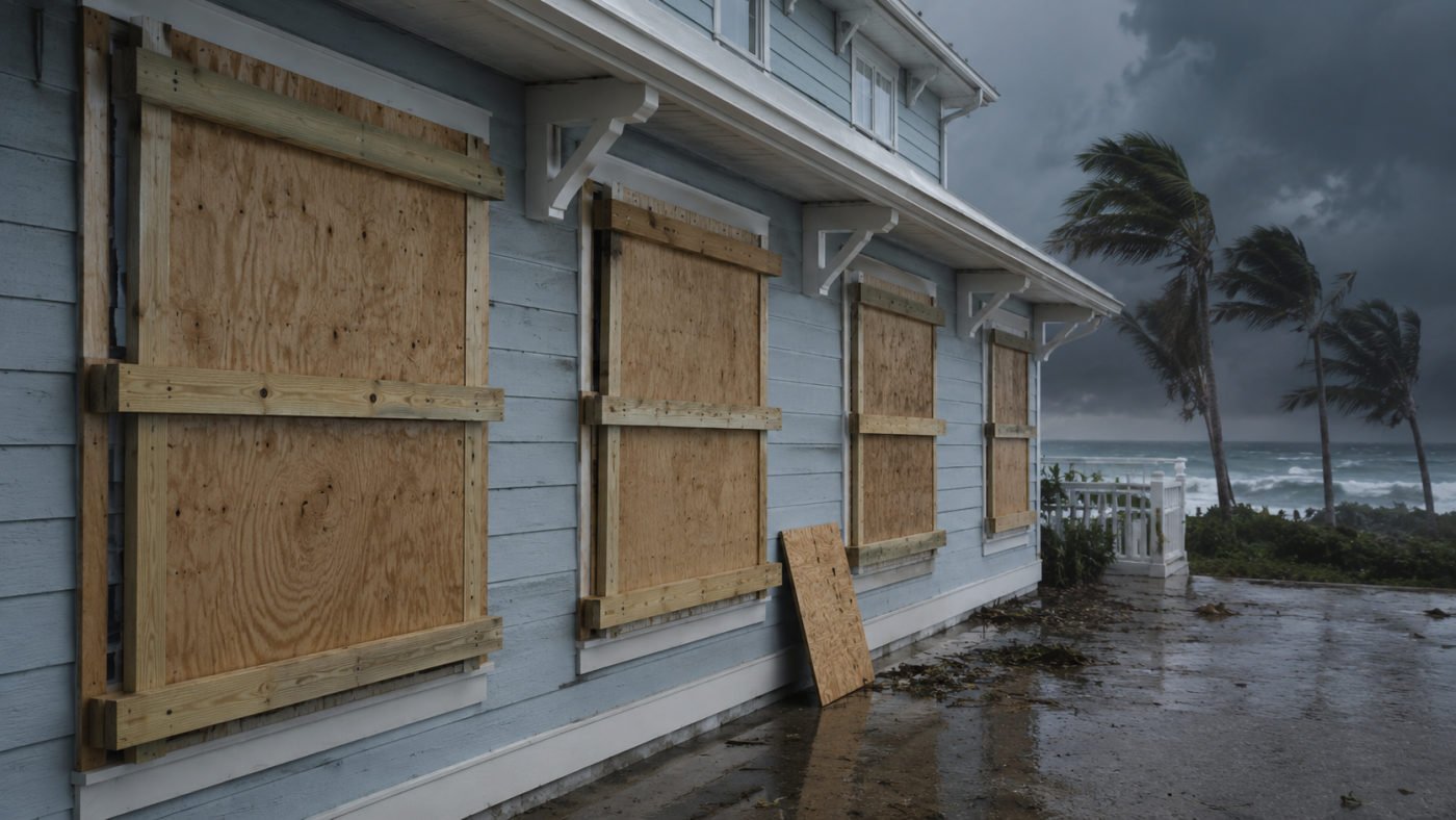Imagen editorial de ventanas cubiertas con tableros de madera en una casa costera bajo un cielo de tormenta.