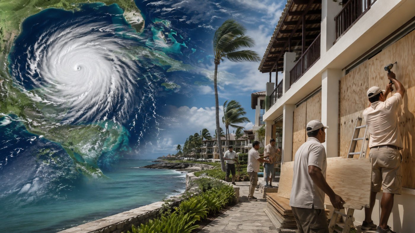 Editorial collage of a hurricane over the Caribbean and workers fitting fabric to coastal building openings.