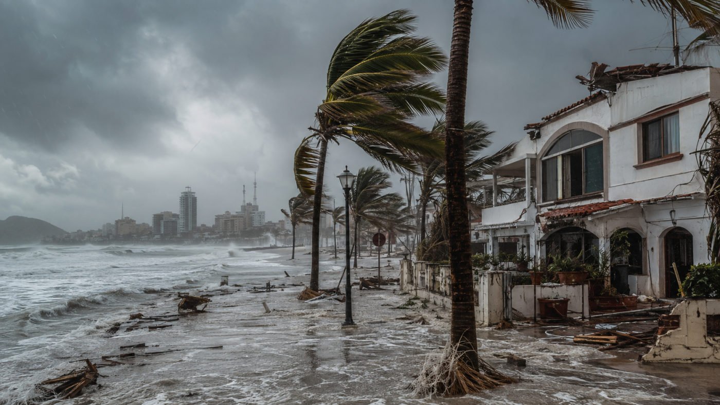 Editorial image of waves and flooding beside coastal buildings and wind-bent palm trees.