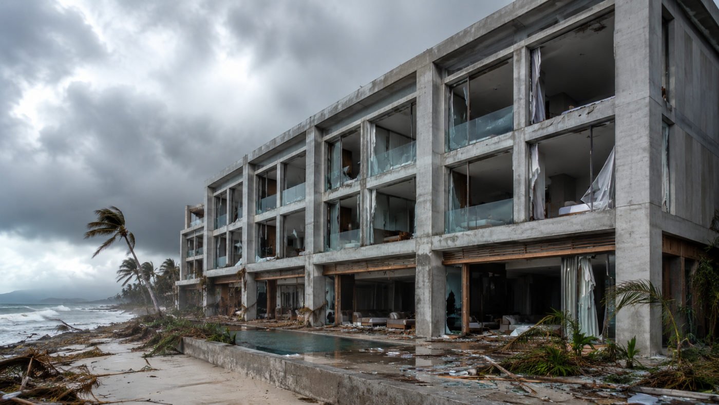 Imagen editorial de un edificio costero de concreto con aberturas expuestas bajo un cielo de tormenta.