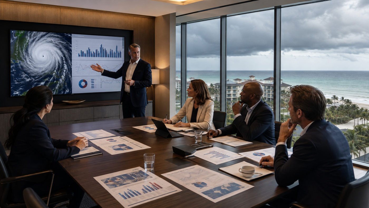 Editorial image of a committee around a table during a hurricane presentation, with a sea view.