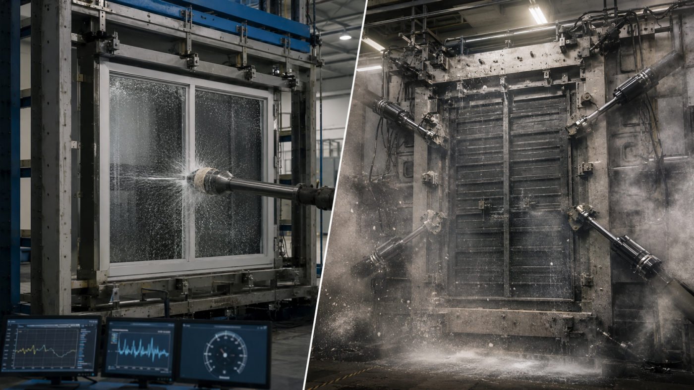 Editorial montage of laboratory equipment for screen testing and water exposure.