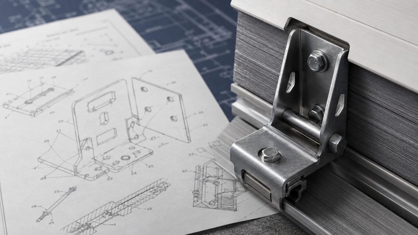 Editorial image of a metal anchoring clip beside technical drawings.
