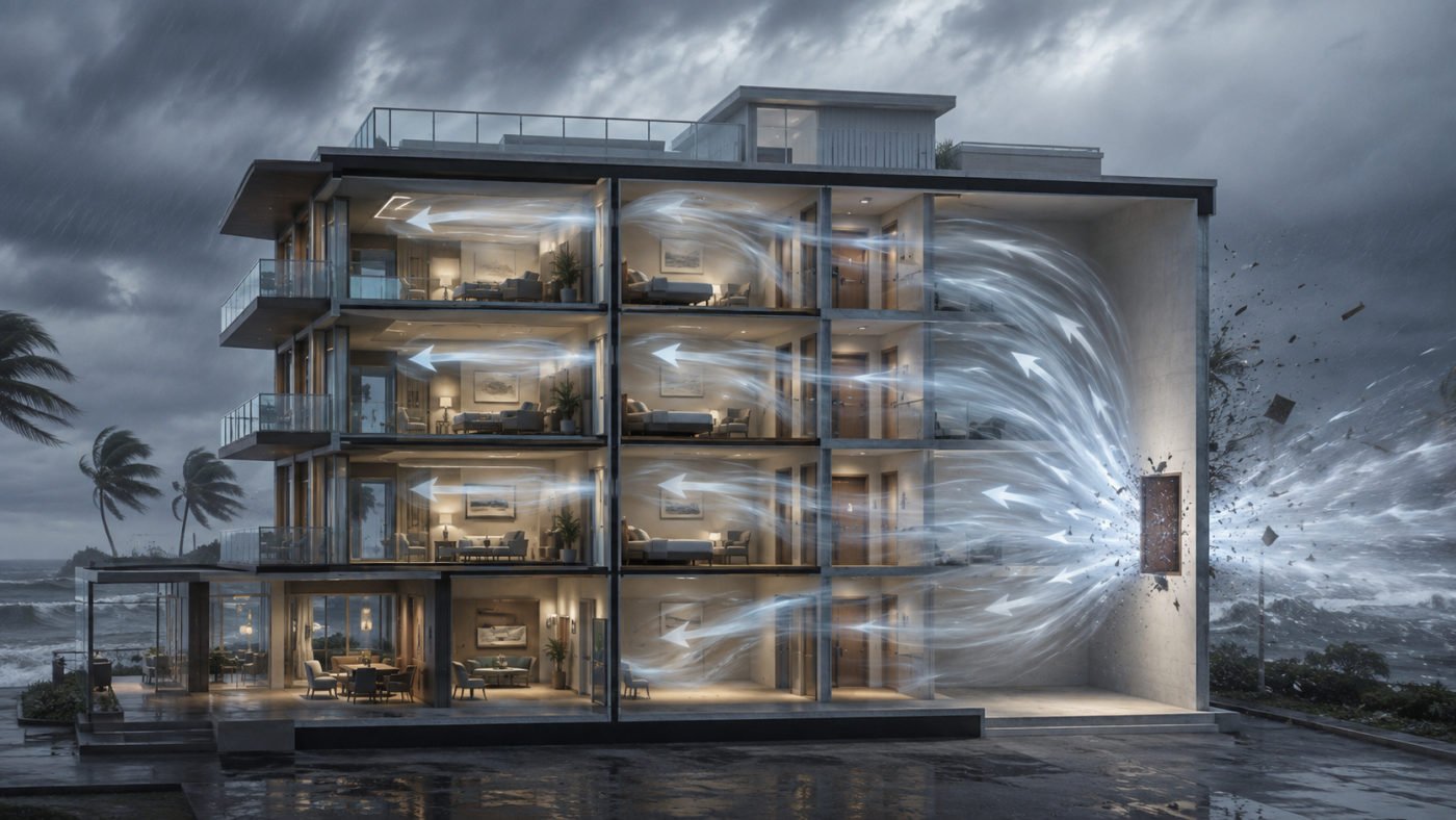 Ilustración editorial del flujo de aire alrededor de un edificio acristalado de varios pisos durante una tormenta.