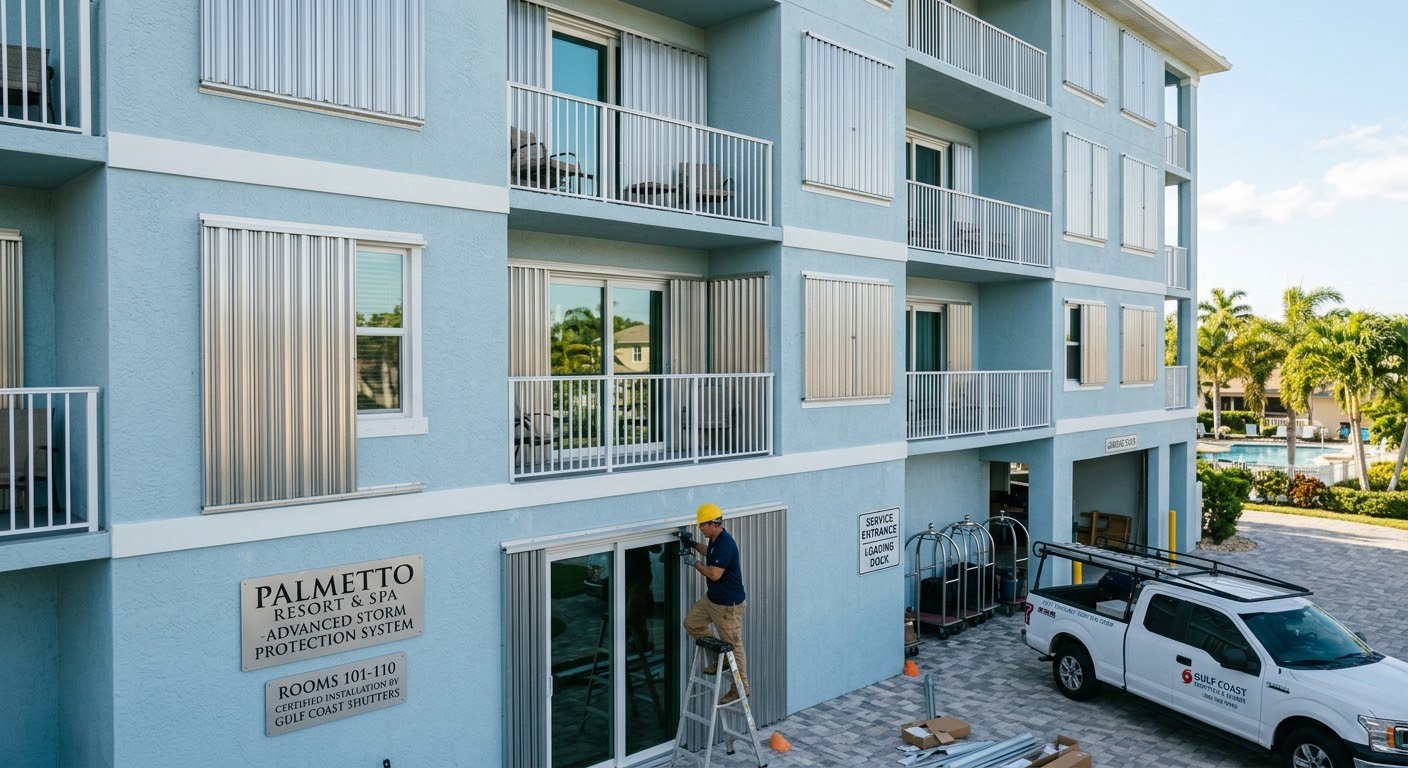 Coastal building with balconies, a worker on a ladder and a service pickup truck.