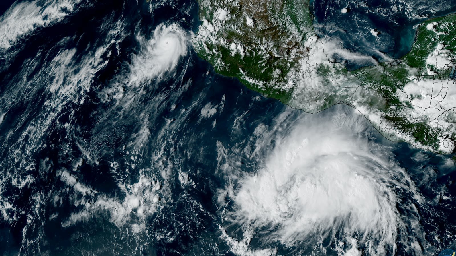 Hurricane Simon and Tropical Storm Trudy off Mexico in a satellite image from October 13, 2026