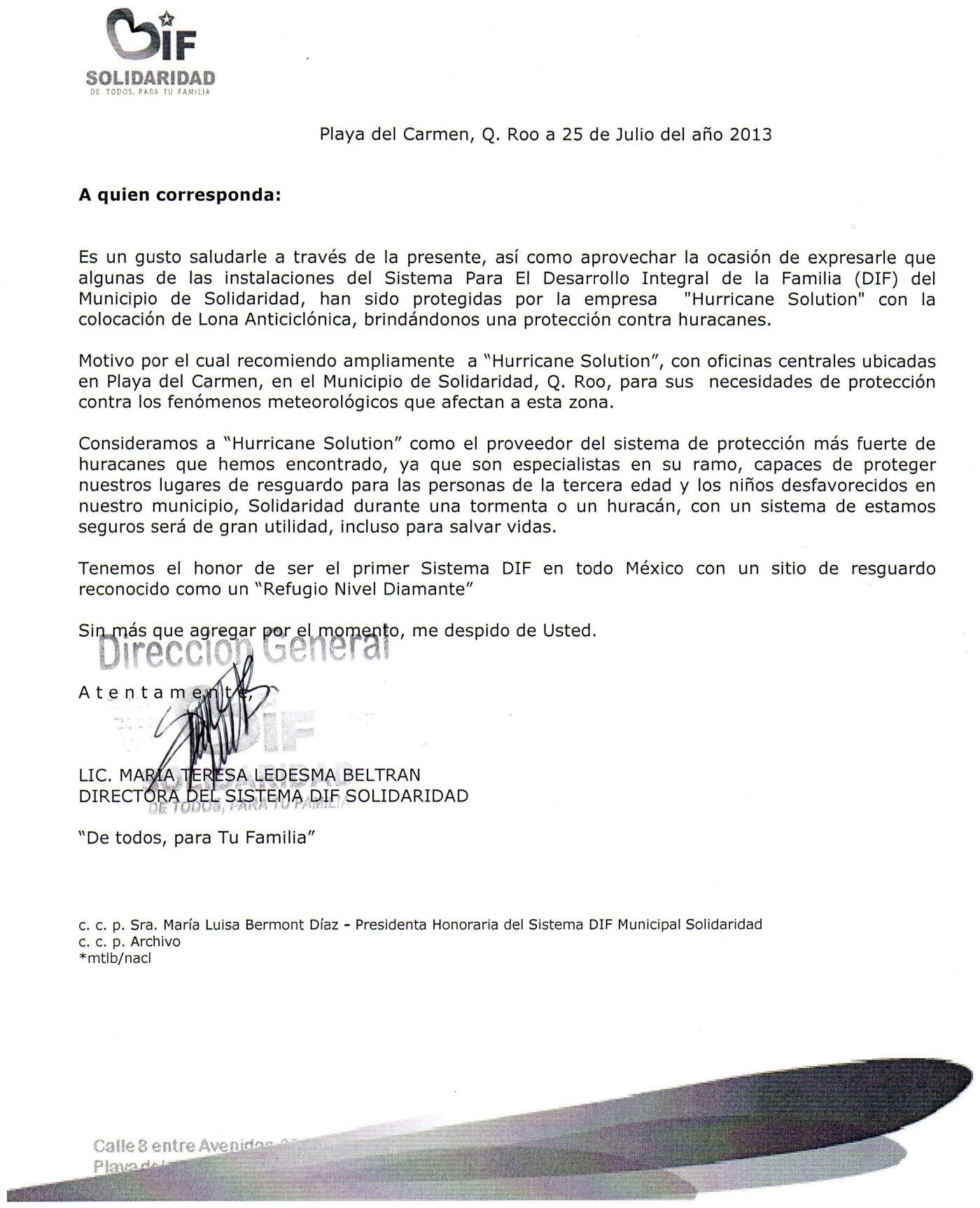 Carta del DIF Solidaridad que recomienda a Hurricane Solution, 25 de julio de 2013