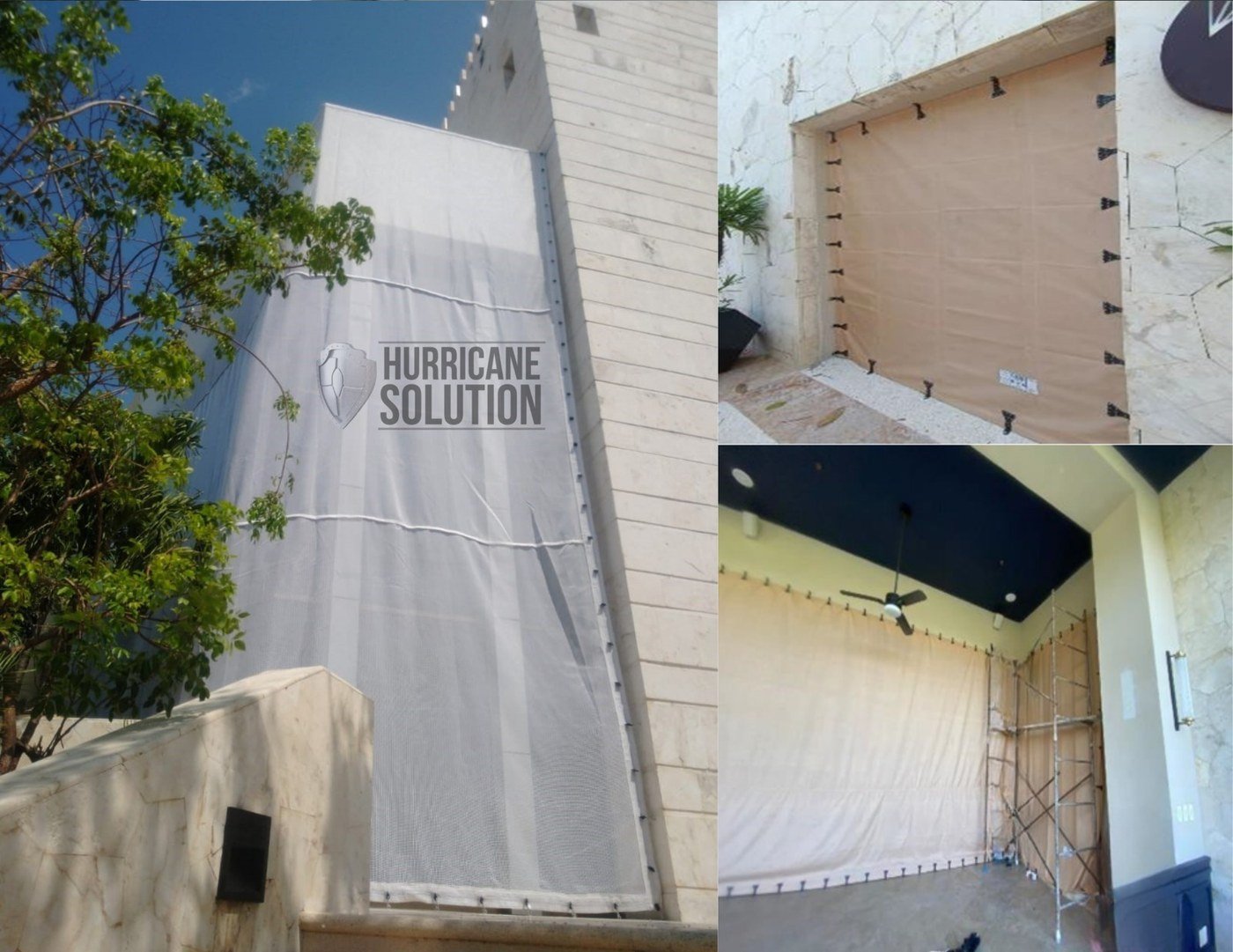 Three views of Hurricane Solution screens secured around tall openings in a hotel facade.