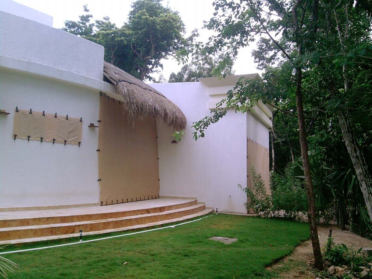 Fabric screens covering a doorway and window beside curved steps, a garden and a thatched roof.