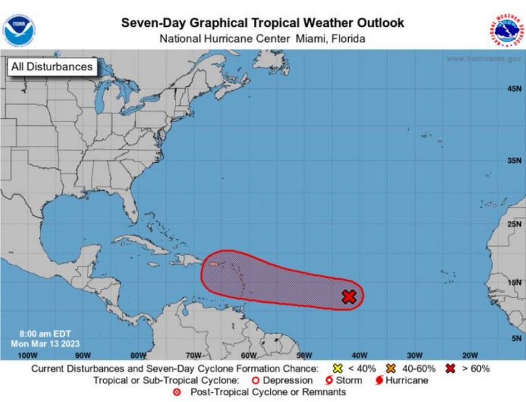 Este es un ejemplo de cómo será el nuevo pronóstico de 7 días del NHC para posibles ciclones tropicales en la temporada de huracanes de 2023. No es una tormenta real. NHC